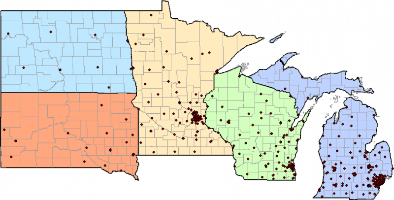 5 state map showing distribution of Midwest Kidney Network ESRD facilities